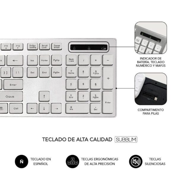 Teclado y ratón inalámbrico subblim combo wireless ergo keys silent flat hq/ plata y blanco - Imagen 3