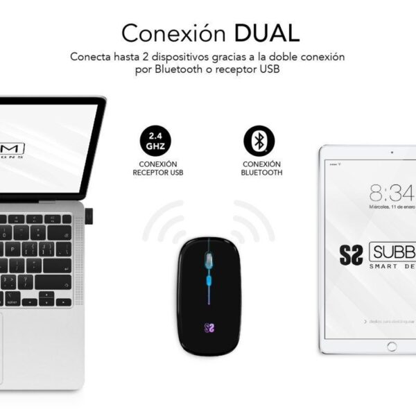 Ratón Inalámbrico por Bluetooth Subblim LED Dual Flat/ Batería recargable/ Hasta 1600 DPI - Imagen 3