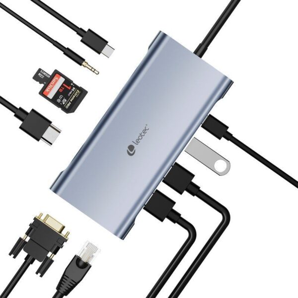 Docking USB Tipo-C Leotec LEDS01/ 3xUSB/ 2xUSB Tipo-C/ 1xUSB Tipo-C PD/ 1xHDMI 4K/ 1xVGA/ 1xRJ45/ 1xAudio/ 1xLector Tarjetas SD y MicroSD/ Gris - Imagen 2