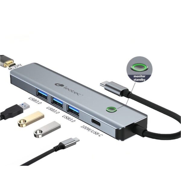 Docking USB Tipo-C Leotec LEDS05/ 3xUSB/ 1xUSB Tipo-C PD/ 1xHDMI/ Gris - Imagen 2