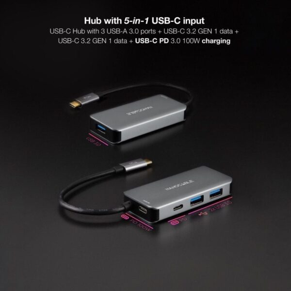 Hub USB 3.2 Gen1 Nanocable 10.16.1005/ 3xUSB/ 1xUSB Tipo-C/ 1xUSB Tipo-C PD - Imagen 3