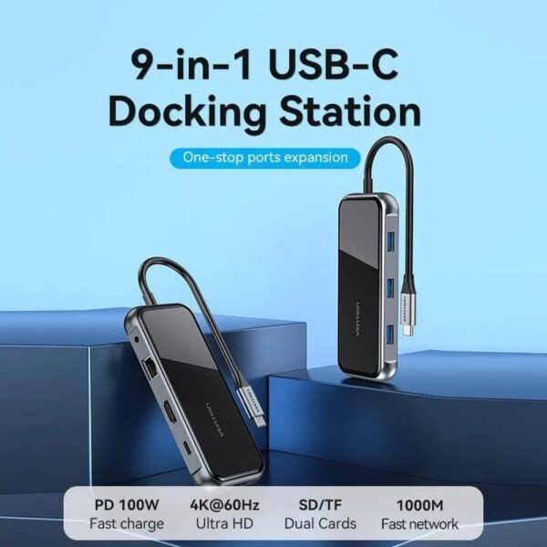 Docking USB Tipo-C Vention TFLHB/ 1xHDMI 4K/ 3xUSB/ 1xRJ45/ 1xLector de Tarjetas/ 1xTRRS 3.5/ 1xUSB Tipo-C PD/ Gris - Imagen 2
