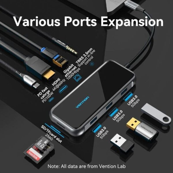 Docking USB Tipo-C Vention TFLHB/ 1xHDMI 4K/ 3xUSB/ 1xRJ45/ 1xLector de Tarjetas/ 1xTRRS 3.5/ 1xUSB Tipo-C PD/ Gris - Imagen 3