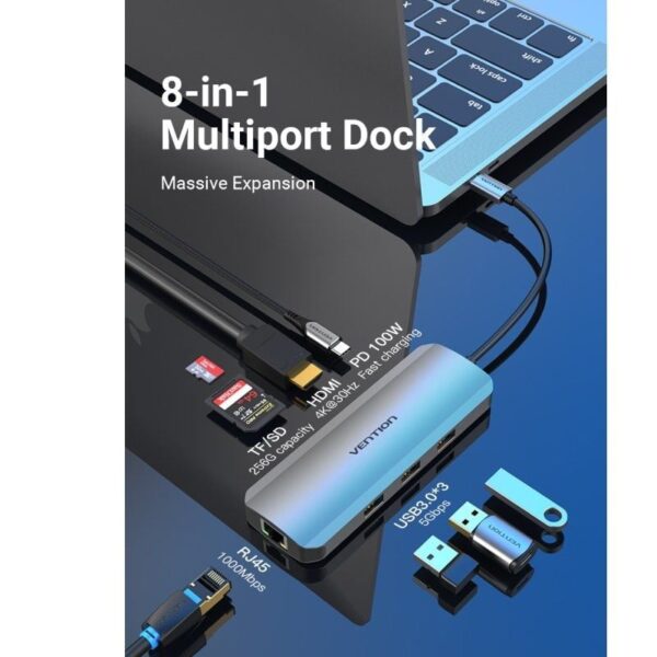 Docking USB Tipo-C Vention TOKHB/ 1xHDMI/ 3xUSB/ 1xUSB Tipo-C PD/ 1xRJ45/ 1xLector Tarjetas SD y MicroSD/ Gris - Imagen 2