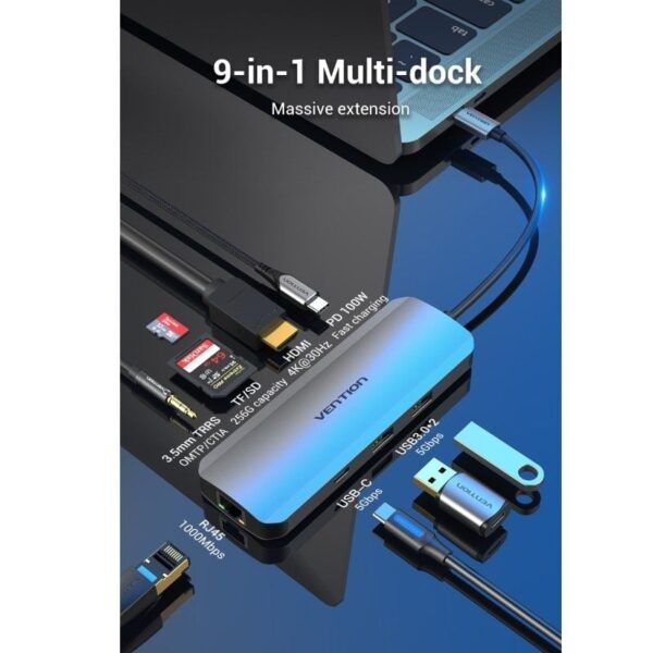 Docking USB Tipo-C Vention TOMHB/ 1xHDMI/ 2xUSB/ 1xUSB Tipo-C/ 1xUSB Tipo-C PD/ 1xRJ45/ 1xLector Tarjetas SD y MicroSD/ Jack 3.5/ Gris - Imagen 2
