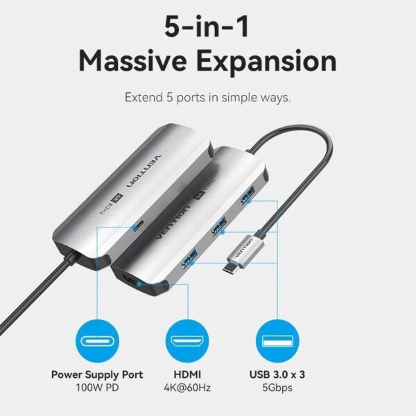Docking USB Tipo-C Vention TQDHB/ 1xHDMI 4K/ 3xUSB/ 1xUSB Tipo-C PD/ Gris - Imagen 3