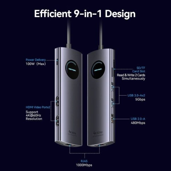 Docking USB Tipo-C Vention TQVHB/ 2xHDMI/ 3xUSB/ 1xRJ45/ 1xLector de Tarjetas/ 1xUSB Tipo-C PD/ Gris - Imagen 3
