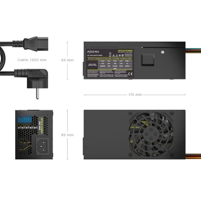 Fuente de alimentación tfx aisens aspc-500tfx-psebk/ 500w/ ventilador 8cm - Imagen 3