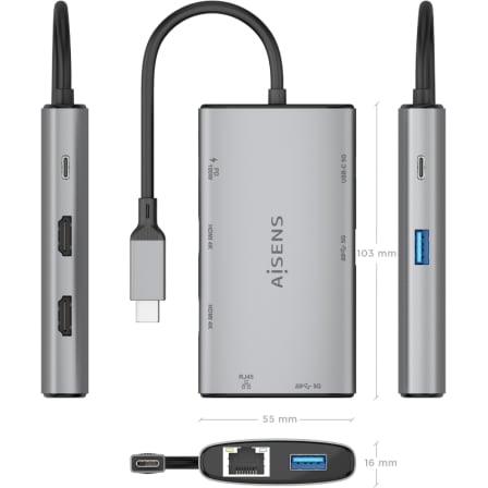 Docking usb tipo-c aisens asuc-7p049-gr/ 2xhdmi 4k/ 1xrj45 - Imagen 9