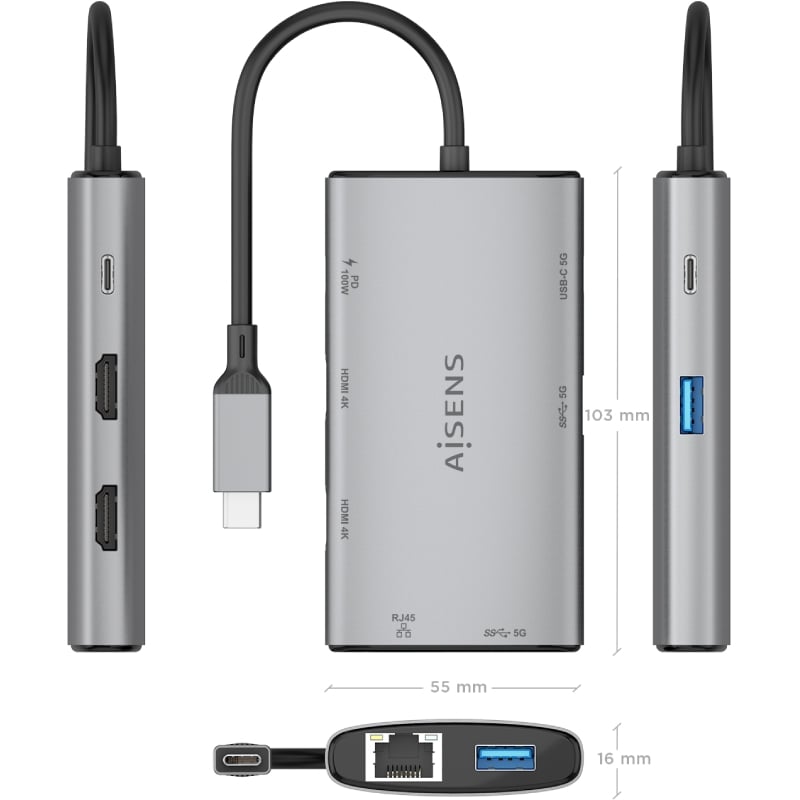 Docking usb tipo-c aisens asuc-7p049-gr/ 2xhdmi 4k/ 1xrj45 - Imagen 4