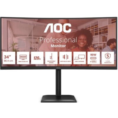 Monitor profesional ultrapanorámico curvo aoc cu34e4cv 34/ wqhd/ multimedia/ regulable en altura/ negro