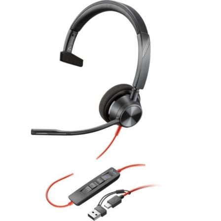 Auricular poly blackwire 3310 para microsoft teams + adaptador usb-c/a/ con micrófono/ usb tipo-c/ negro - Imagen 2