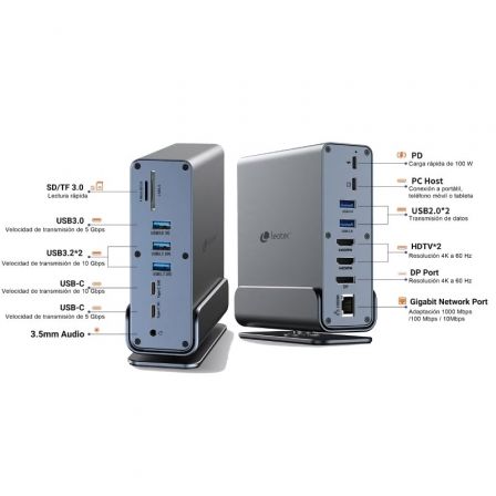 Docking usb tipo-c leotec leds06/ 5xusb/ 2xusb tipo-c/ 1xusb tipo-c pd/ 1xdisplayport/ 2xhdmi 4k/ 1xrj45/ 1xjack 3.5/ 1xlector - Imagen 8