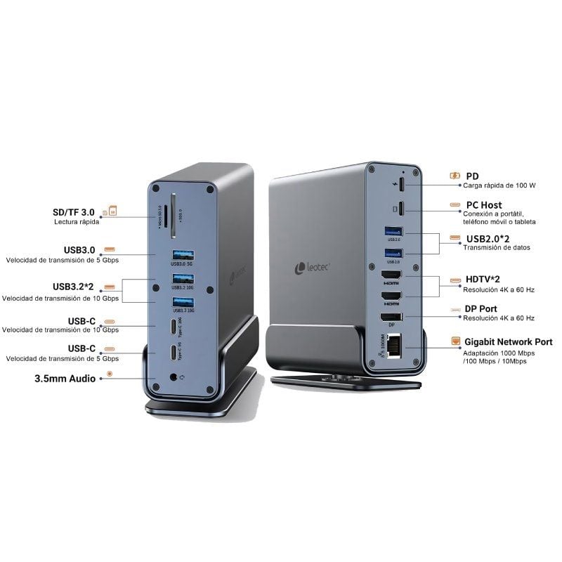 Docking usb tipo-c leotec leds06/ 5xusb/ 2xusb tipo-c/ 1xusb tipo-c pd/ 1xdisplayport/ 2xhdmi 4k/ 1xrj45/ 1xjack 3.5/ 1xlector - Imagen 4