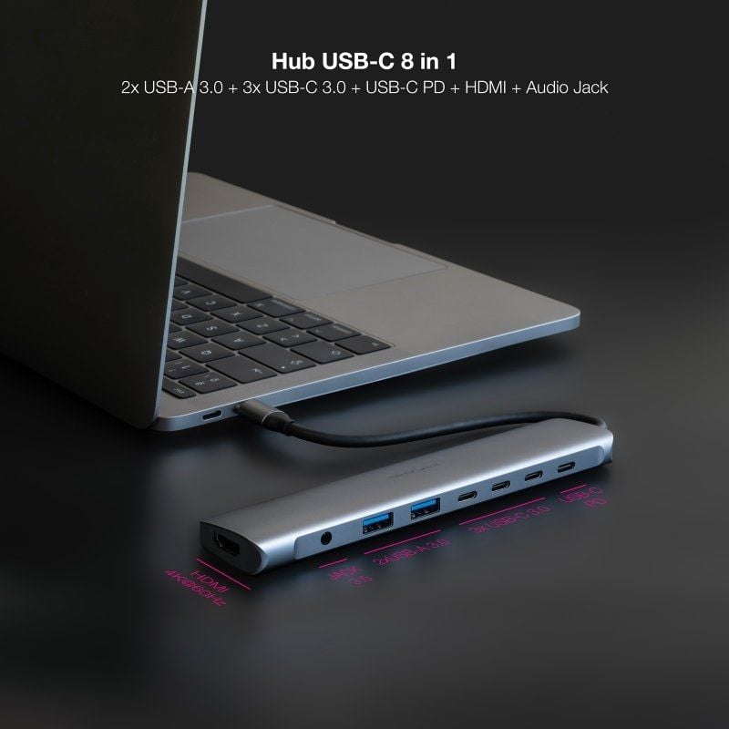 Docking tipo-c nanocable 10.16.4608/ 2xusb/ 3xusb tipo-c/ 1xhdmi 4k/ 1xjack 3.5/ 1xusb tipo-c pd/ gris - Imagen 3