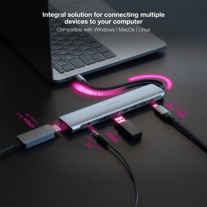 Docking tipo-c nanocable 10.16.4608/ 2xusb/ 3xusb tipo-c/ 1xhdmi 4k/ 1xjack 3.5/ 1xusb tipo-c pd/ gris - Imagen 4