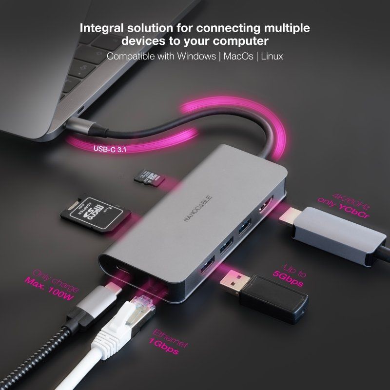 Docking tipo-c nanocable 10.16.4609/ 3xusb/ 1xhdmi 4k/ 1xrj45/ 1xlector tarjetas/ 1xusb tipo-c pd/ gris - Imagen 4