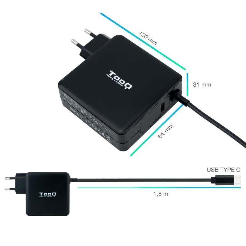 Cargador de portátil tooq tqlc-usbc90pd usb tipo-c/ 1xusb/ 90w/ automático/ voltaje 5-20v - Imagen 3