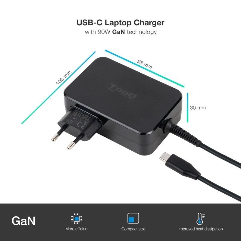 Cargador de portátil gan tooq tqlc-usbcgan90pd/ 1xusb tipo-c/ 90w/ automático/ voltaje 5-20v - Imagen 2