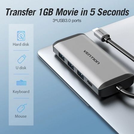 Docking usb tipo-c vention cndhb/ 1xhdmi 4k/ 3xusb/ 1xusb tipo-c pd/ 1xrj45/ 1xlector tarjetas/ gris - Imagen 8