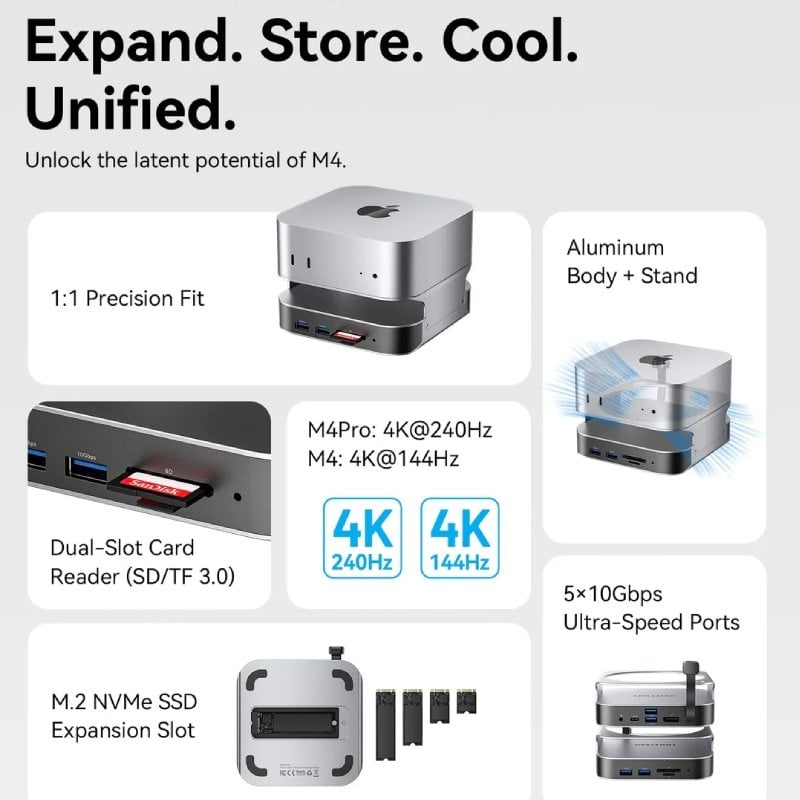 Docking para mac mini usb tipo-c vention thihag/ ranura ssd m.2/ 4xusb/ 1xusb tipo-c/ 1xdisplayport 4k/ 1xlector tarjetas/ - Imagen 2