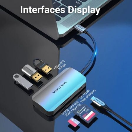 Docking usb tipo-c vention tnhhb/ 3xusb/ 1xusb tipo-c pd/ 1xlector tarjetas sd y microsd/ gris - Imagen 6