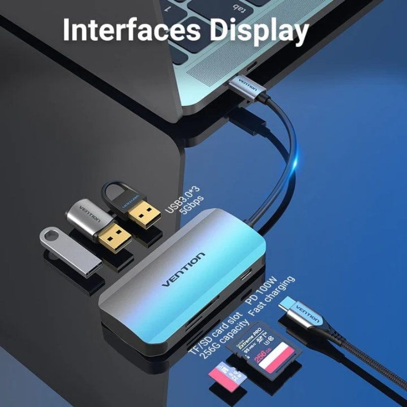 Docking usb tipo-c vention tnhhb/ 3xusb/ 1xusb tipo-c pd/ 1xlector tarjetas sd y microsd/ gris - Imagen 3