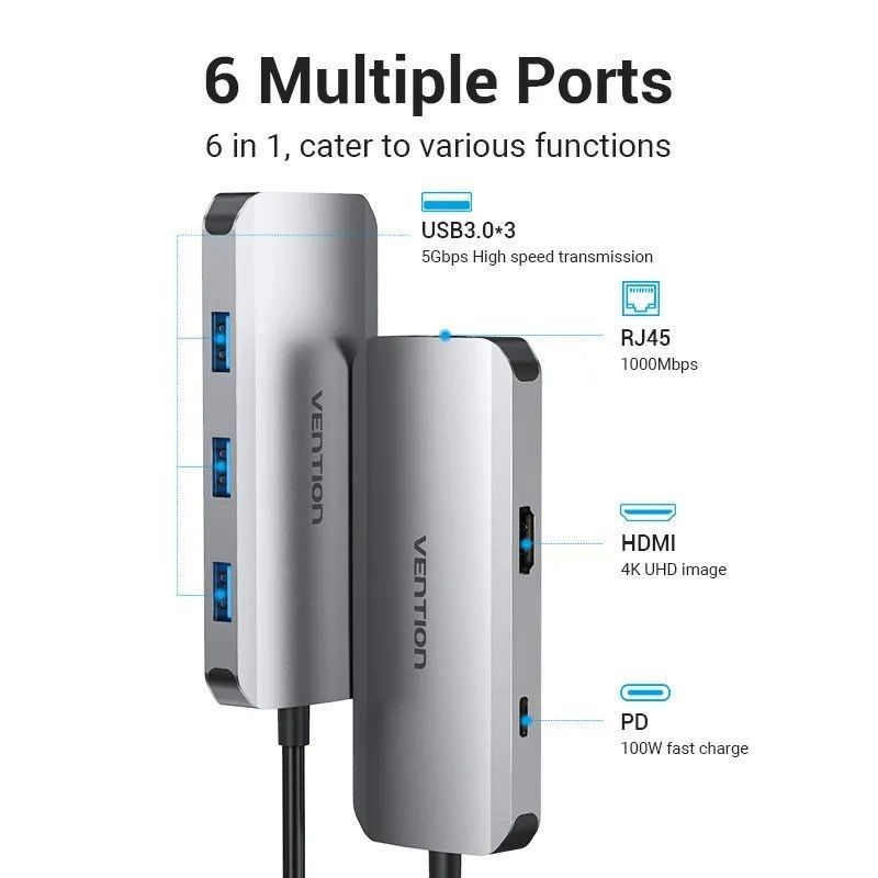 Docking usb tipo-c vention tohhb/ 1xhdmi 4k/ 3xusb/ 1xrj45/ 1xusb tipo-c pd/ gris - Imagen 2