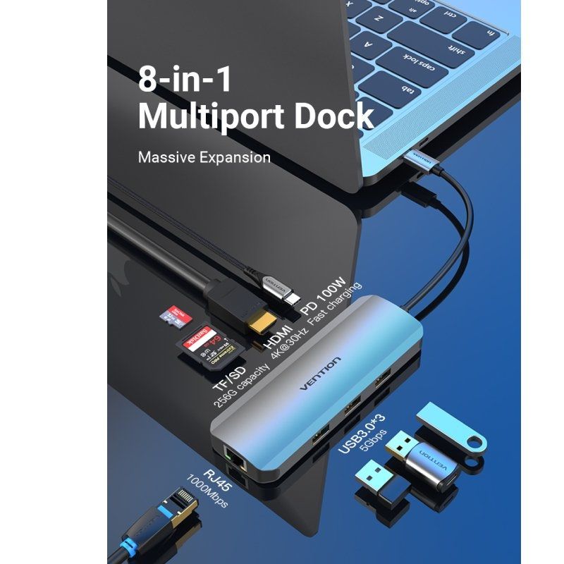 Docking usb tipo-c vention tokhb/ 1xhdmi 4k/ 3xusb/ 1xusb tipo-c pd/ 1xrj45/ 1xlector tarjetas sd y microsd/ gris - Imagen 2