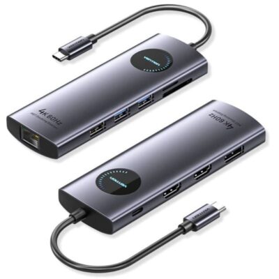 Docking usb tipo-c vention tqwhb/ 2xhdmi 4k/ 1xdisplayport/ 3xusb/ 1xusb tipo-c pd/ 1xrj45/ 1xlector tarjetas/ gris