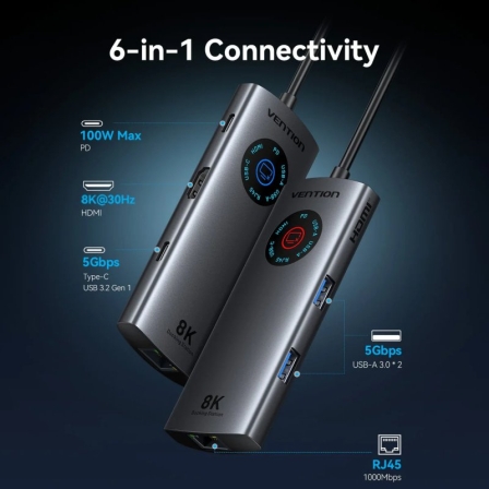 Docking usb tipo-c vention tqzhb/ rj45/ 2xusb/ 1xusb tipo-c/ 1xhdmi/ 1xusb tipo-c pd/ gris - Imagen 7